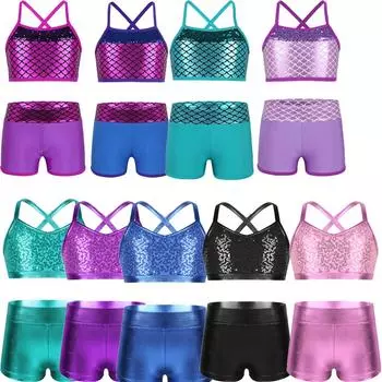 Комплект танцевальной одежды из двух предметов для девочек, укороченный топ с блестящими пайетками и низ, комплект для сценического танца 5-6 Years озеро синий