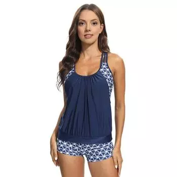 Комплект танкини из 2 предметов: топ с U-образным вырезом, с принтом, с открытой спиной; плавки с высокой посадкой. Быстросохнущая купальная одежда для пляжа. XL