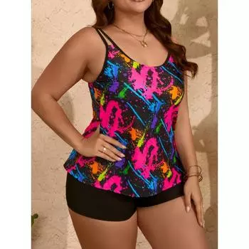 Комплект танкини Vacay больших размеров, женский купальник с принтом брызг и круглым вырезом, топ на бретельках и шорты, комплект из двух предметов 1XL(14)