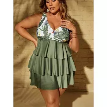 Комплект танкини Vacay размера плюс, женский купальник-танкини с тропическим принтом, V-образным вырезом, многослойной отделкой оборками и трусиками, комплект из двух частей 1XL(14) зелёный