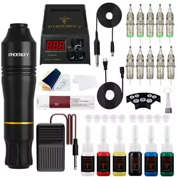 Комплект тату-машины PHOENIXY для машины для макияжа, ручка, роторный мотор-пистолет, источник питания, картриджи, иглы для татуировки