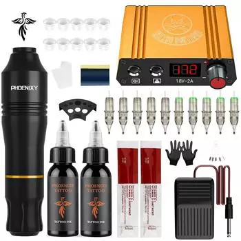 Комплект тату-пулеметов PHOENIXY, тату-машина для боди-арта, машина для перманентного макияжа, чернила для татуировки, источник питания, набор машинок для тату-ручек