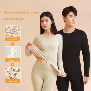 Комплект термобелья из шерсти и шелка черного золота: Унисекс-утолщенный антибактериальный костюм на осень/зиму с добавлением акрила. M