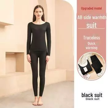 Комплект термобелья унисекс из немецкого бархата: Круглый вырез, плюшевый, эластичный, плотный, для осени/зимы — для мужчин и женщин. Women s M чёрный