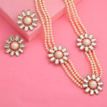 Комплект традиционного золотистого жемчужного ожерелья с тремя ромашками и жемчугом Кундан