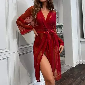 Комплект трусов, прозрачный цветочный принт, однотонный пояс с узкой талией, свободный ночной халат с высокой талией для сна L вино красного