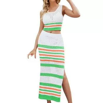 Комплект юбки из двух частей для женщин Полосатая облегающая юбка-миди с разрезом и комплект топа-кроп без рукавов Летний вязаный ажурный наряд S зелёный