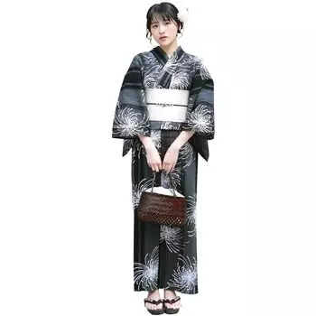 Комплект юката Роскошный комплект юката с черными вертикальными полосками и белыми «японскими надэсико» для женщин из 3 предметов «серый рангику» чёрный