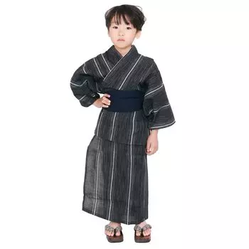 Комплект юката Shijira из хлопковой ткани, комплект из 2 предметов Heiko Boys, разноцветные полосы x Heiko Obi [KYOETSU] (Юката, Оби) (120см, (черный) (Темно-синий))