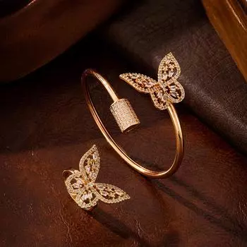 Комплект украшений «Бабочка» с арабской ажурной филигранью, комплект из открывающегося браслета и кольца с фианитами, свадебные аксессуары золотого цвета