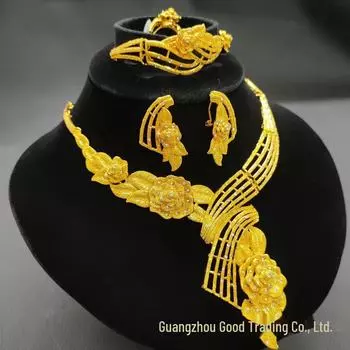 Комплект украшений «Цветок Дубая» с 24-каратным золотым покрытием — ожерелье, браслет, серьги и кольцо для индийской/нигерийской свадьбы