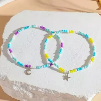 Комплект украшений для отпуска из 2 предметов: эластичный браслет на щиколотку в виде звезды и луны, регулируемый, унисекс, бохо, пляжный аксессуар, подарочная коробка, бусины из смолы