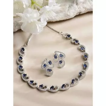 Комплект украшений для женщин: колье и серьги-подвески с родиевым покрытием, белым фианитом серебристого цвета и американскими бриллиантами