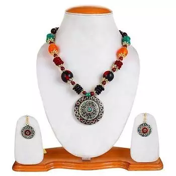 Комплект украшений для женщин, тибетское ожерелье с подвеской и серьгами для женщин и девочек (Подарок) Этническое ожерелье Ювелирные изделия из бисера Ожерелье