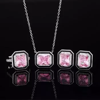Комплект украшений Huamei, ретро-модное кольцо, женский цветной драгоценный камень, квадратные серьги, розовое циркониевое ожерелье