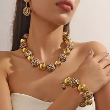 Комплект украшений из бисера в винтажном стиле с леопардовым принтом, 4 предмета, преувеличенное гламурное ожерелье для вечеринки, браслет золотой