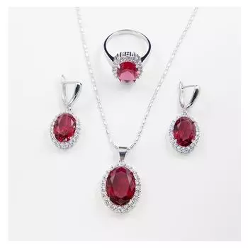 Комплект украшений из циркония, комплект из трех предметов: кольца, ожерелья, серег, инкрустированных цирконием. Size 6 ring set розы красного