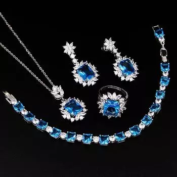 Комплект украшений из циркония, ожерелье, серьги, кольцо, браслет, комплект украшений из серебра 925 пробы, цирконий Ring синий