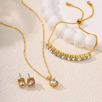 Комплект украшений из циркония с четырьмя когтями 8 мм, серьги, ожерелье, браслет для женщин золотой