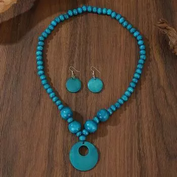 Комплект украшений из деревянных бусин ручной работы в стиле бохо-шик — ожерелье и серьги в винтажном стиле, идеально подходят для женского отпуска, музыкальных фестивалей и вечеринок синий