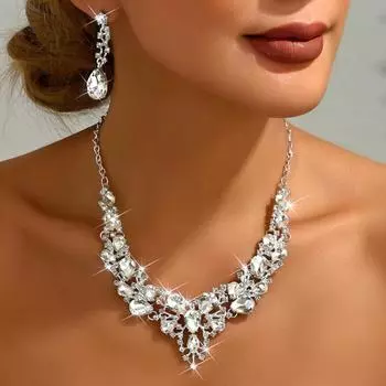 Комплект украшений из хрустальных страз, элегантное ожерелье, серьги, свадебные ожерелья, серьги, вечеринка серебряный