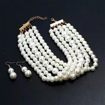 Комплект украшений из искусственного жемчуга, темпераментный декоративный женский модный женский комплект ожерелья и серег-крючков, аксессуары для платья белый