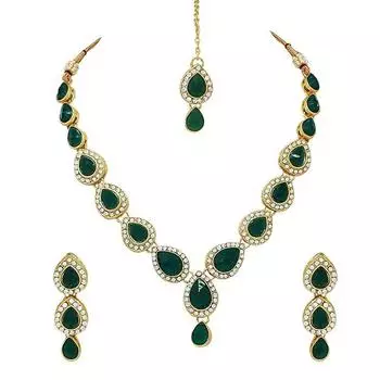 Комплект украшений из ожерелья Kundan с кристаллами и посеребренным покрытием, серьги и Maang Tikka для вечеринки, свадьбы, помолвки зелёный