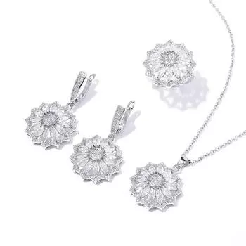 Комплект украшений из преувеличенного циркония, роскошное ожерелье с подсолнухом, серьги, кольца, комплект украшений. Size 6 ring set белый