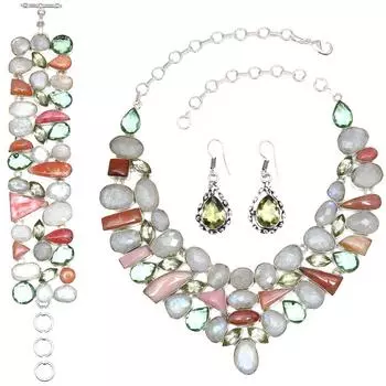 Комплект украшений из радужного лунного камня и розового опала 16-18 дюймов