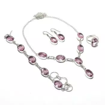 Комплект украшений из серебра 925 пробы с натуральным розовым кунцитом ручной работы B1f89