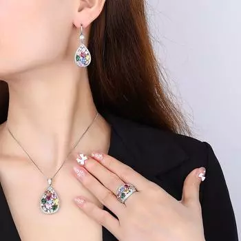 Комплект украшений Радуга Капли Воды Драгоценный Камень Ожерелье Женские Серьги Цветной Турмалин Кольцо Циркон