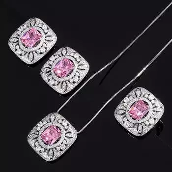 Комплект украшений, ретро-кольцо для женщин, разноцветный драгоценный камень, имитирующий сокровище, большие квадратные серьги, розовое циркониевое ожерелье.
