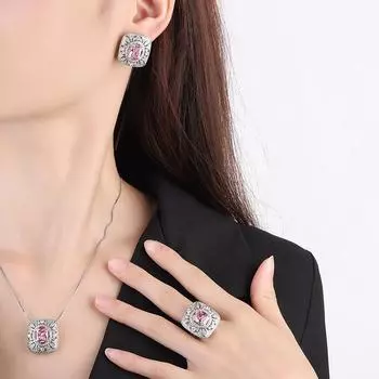 Комплект украшений ретро кольцо женское цвет сокровище имитация драгоценных камней большие квадратные серьги розовое циркониевое ожерелье