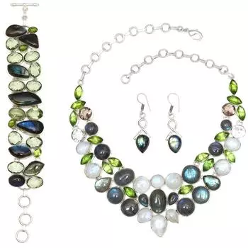 Комплект украшений ручной работы из радужного лунного камня с лабрадоритом, колье 16-18 дюймов