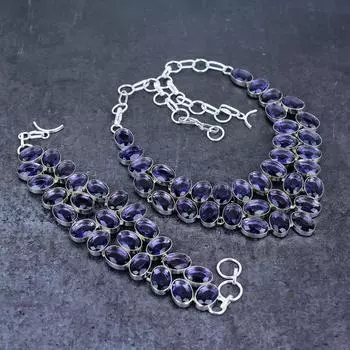 Комплект украшений ручной работы из серебра 925 пробы с аметистовым камнем g3I68