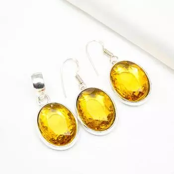 Комплект украшений с цитрином, подвеска из драгоценного камня ручной работы, серьги из цельного серебра 925 пробы, антикварный комплект украшений, подарок на помолвку 1.46 Inches жёлтый