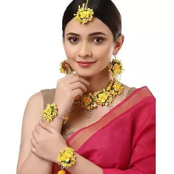 Комплект украшений с цветами для ожерелья, серег, браслета и Maang Tika Haldi Gota Patti для женщин и девочек
