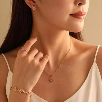 Комплект украшений с хрустальным сердцем: Европейская и американская мода: ожерелье, серьги, кольца и браслеты CK0614 4-piece set фиолетовый