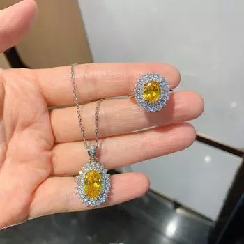 Комплект украшений с имитацией желтого бриллианта, подвеска на ключицу, ретро-кольцо с желтым бриллиантом