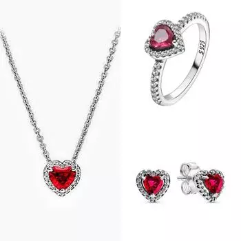 Комплект украшений с красным сердцем из стерлингового серебра S925: Ожерелье, серьги, браслет, кулон, кольцо, цепочка на ключицу. Add box. 925 Silver