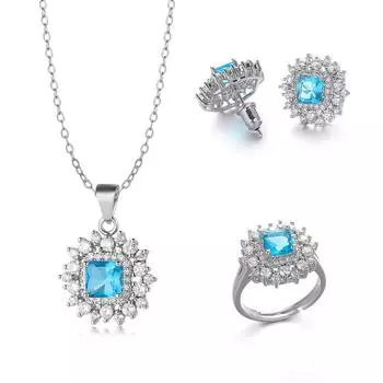 Комплект украшений с квадратным цирконием, ожерелье, серьги-гвоздики, цветные украшения, комплект украшений с фиолетовыми бриллиантами, многоцветный. Open Ring Three-piece Set озеро синий