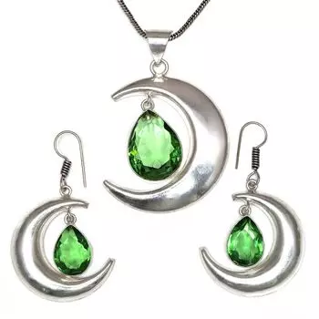 Комплект украшений с подвеской из драгоценного камня перидот и кварцевым ожерельем 18-20