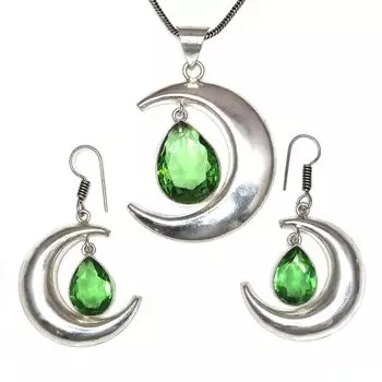 Комплект украшений с подвеской из драгоценного камня перидот и кварцевым ожерельем 18-20