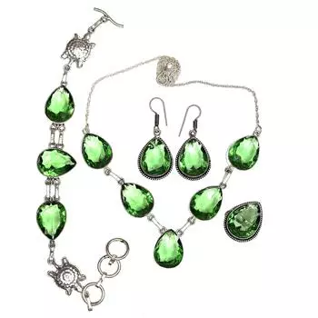 Комплект украшений с подвеской из драгоценного камня перидот и кварцевым ожерельем 18-20