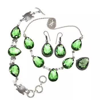 Комплект украшений с подвеской из драгоценного камня перидот и кварцевым ожерельем 18-20