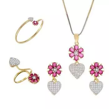 Комплект украшений с позолоченным кулоном в форме сердца с американскими бриллиантами, серьгами, браслетом и кольцом для женщин и девочек