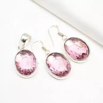 Комплект украшений с розовым кунцитом, кулон из стерлингового серебра 925 пробы, серьги ручной работы с камнями, подарок для него 1.49 Inches розовый