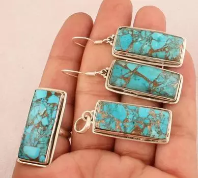 Комплект украшений с синими медными бирюзовыми камнями, красивый подарок, ювелирные изделия ручной работы, подарок на годовщину, дизайнерские украшения, серьги, кольцо, подвесные украшения Ring Size 8