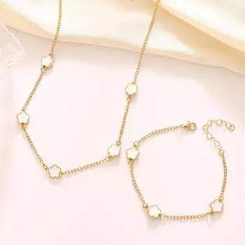 Комплект украшений «Счастливый пятилепестковый цветок и клевер» с ожерельем и браслетом CK0661 белый