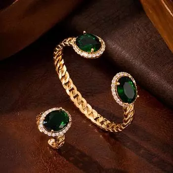 Комплект украшений в стиле панк с зелеными фианитами, полое кольцо и браслет, винтажные готические аксессуары для женщин
